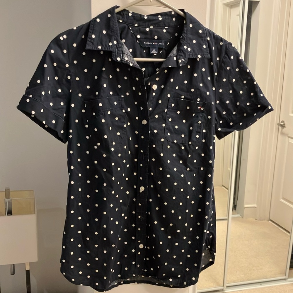 Like New Tommy Hilfiger Navy Polka Dot Women’s Button Up  Short Sleeve Blouse-S